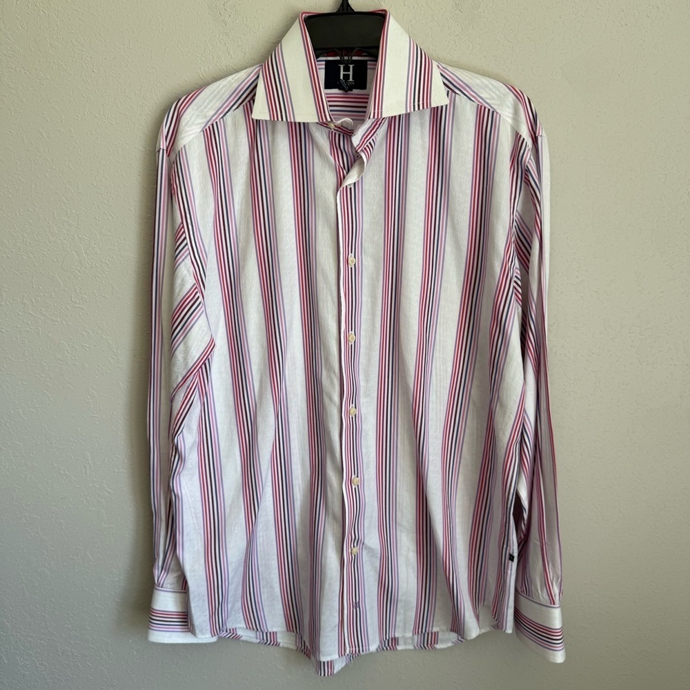 Men’s M White Striped Hilfiger 80’s 2 Ply Cotton Vintage Retro Formal Button Up